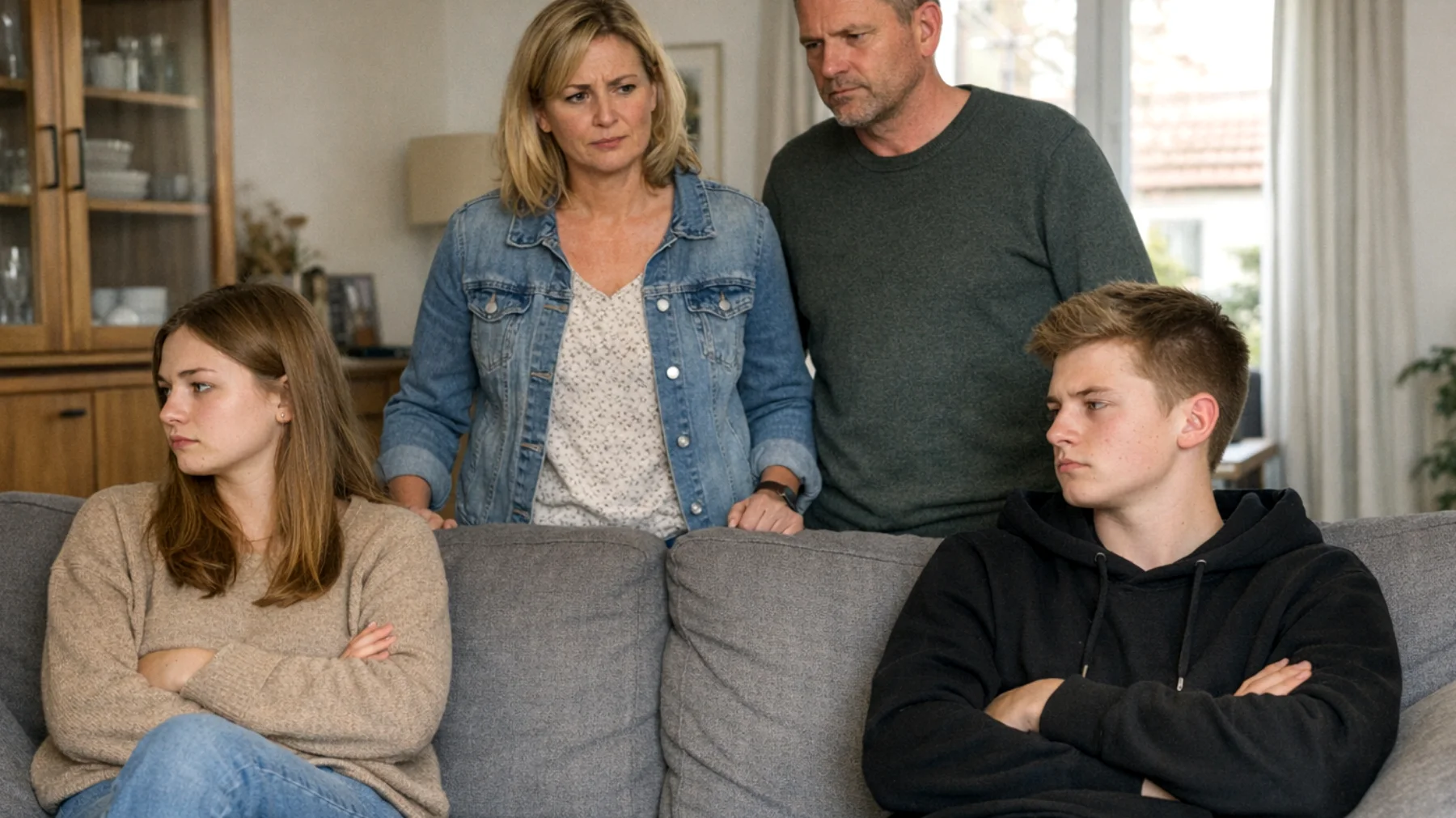 Die Eltern bemerken eine wachsende Rivalität und Eifersucht zwischen ihren Jugendlichen, die sich in ständigen Vergleichen, Streitigkeiten um Aufmerksamkeit und dem Gefühl äußert, weniger geliebt oder bevorzugt zu werden. Jeder Jugendliche versucht, sich durch Leistungen oder Verhaltensweisen hervorzuheben, um die elterliche Zuneigung zu gewinnen."